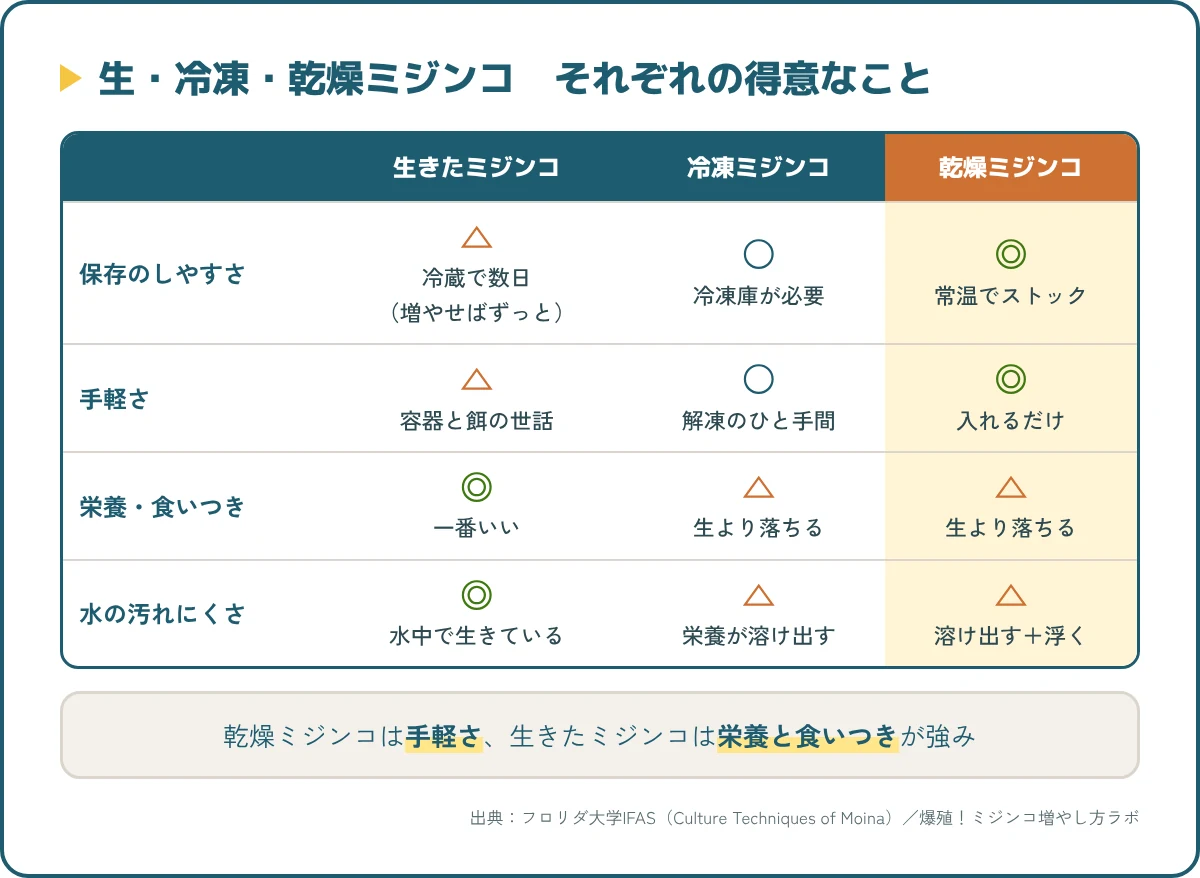 生きたミジンコ・冷凍ミジンコ・乾燥ミジンコの比較。保存のしやすさ、手軽さ、栄養と食いつき、水の汚れにくさ