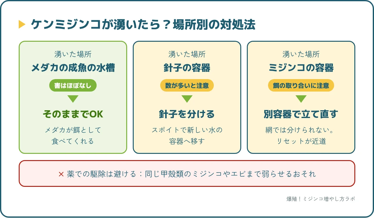 ケンミジンコが湧いた場所別の対処法。成魚の水槽はそのまま、針子は分ける、ミジンコの容器は立て直す
