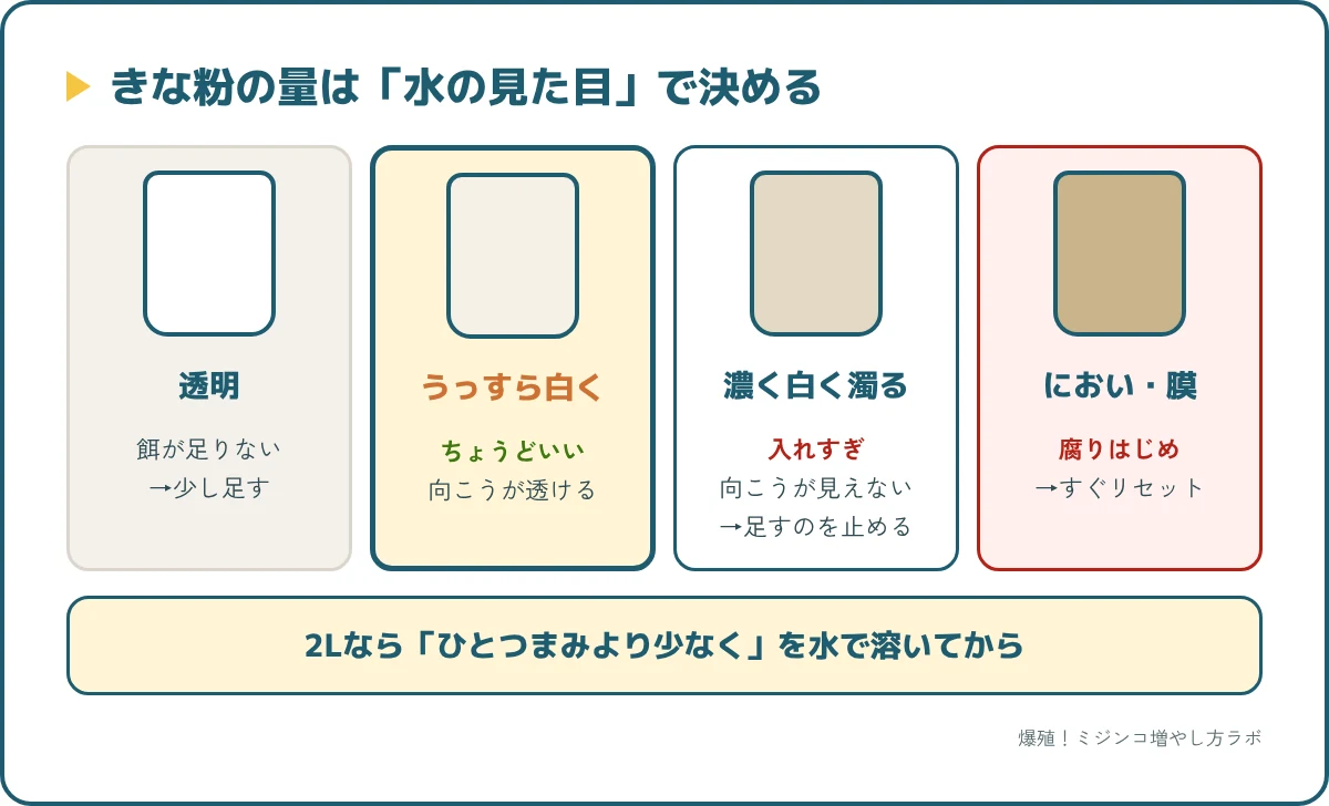 きな粉の量は水の見た目で決める。うっすら白く濁る程度がちょうどいい。向こうが見えないほど濁る・においが出たら入れすぎ