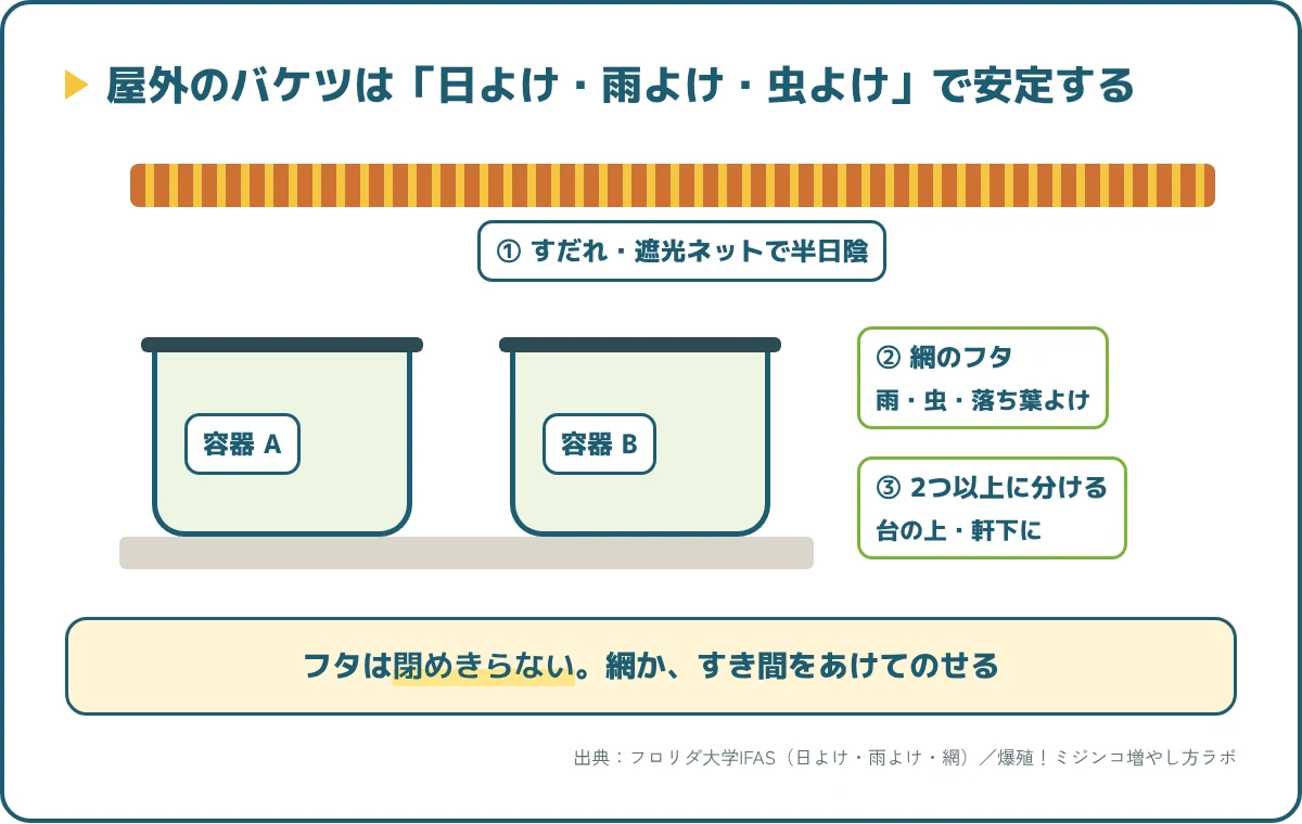 屋外のバケツでミジンコを増やすときの置き方。半日陰に置き、すだれで日よけ、網のフタで雨と虫よけ、容器は2つ以上