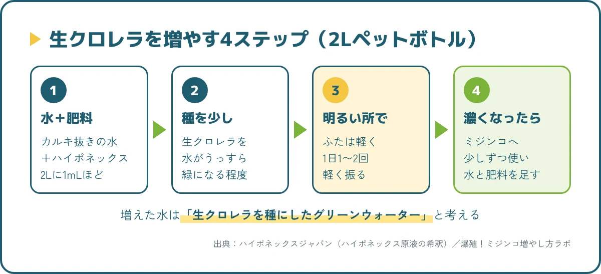 ペットボトルで生クロレラを増やす4ステップ。水と肥料、生クロレラを少し、明るい場所で毎日振る、緑が濃くなったら使う