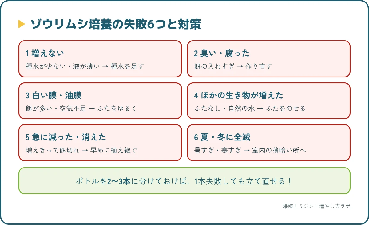 ゾウリムシ培養の失敗例6つと原因。増えない、臭い、油膜、別の生き物、急に減る、季節で全滅